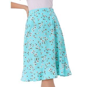 Floral Ruffle Elastic High Waist Button Flowy Split Midi Skirts Sky Blue